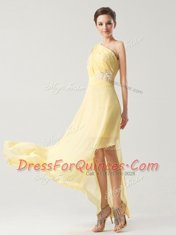One Shoulder Ankle Length Side Zipper Homecoming Dress Light Yellow for Prom and Party with Beading and Ruching