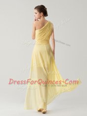 One Shoulder Ankle Length Side Zipper Homecoming Dress Light Yellow for Prom and Party with Beading and Ruching