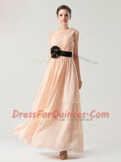 One Shoulder Sleeveless Chiffon Ankle Length Side Zipper Evening Dress in Peach with Belt