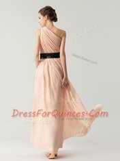 One Shoulder Sleeveless Chiffon Ankle Length Side Zipper Evening Dress in Peach with Belt