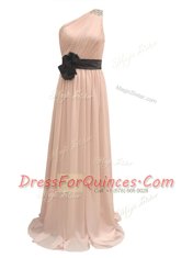 One Shoulder Sleeveless Chiffon Ankle Length Side Zipper Evening Dress in Peach with Belt