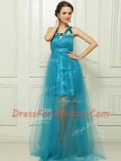 Halter Top Teal Sleeveless Brush Train Belt With Train Prom Dress