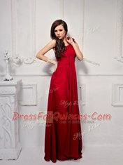 Smart One Shoulder Chiffon Sleeveless Floor Length Dress for Prom and Ruching and Hand Made Flower