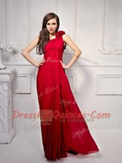 Smart One Shoulder Chiffon Sleeveless Floor Length Dress for Prom and Ruching and Hand Made Flower