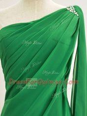 Romantic One Shoulder Long Sleeves Chiffon Floor Length Zipper Prom Dress in Green with Ruching
