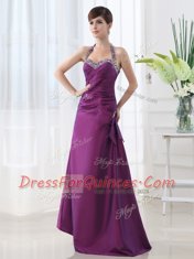 New Arrival Halter Top Sleeveless Lace Up Evening Dress Purple Satin