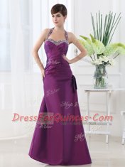 New Arrival Halter Top Sleeveless Lace Up Evening Dress Purple Satin