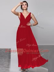 Excellent Floor Length Backless Wine Red for Prom and Party with Beading