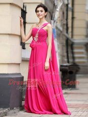 Exceptional One Shoulder Sleeveless Homecoming Dress With Brush Train Beading and Sashes ribbons and Ruching Hot Pink Chiffon