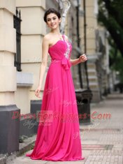 Exceptional One Shoulder Sleeveless Homecoming Dress With Brush Train Beading and Sashes ribbons and Ruching Hot Pink Chiffon