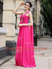 Exceptional One Shoulder Sleeveless Homecoming Dress With Brush Train Beading and Sashes ribbons and Ruching Hot Pink Chiffon
