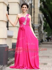 Exceptional One Shoulder Sleeveless Homecoming Dress With Brush Train Beading and Sashes ribbons and Ruching Hot Pink Chiffon