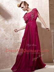 Scoop Fuchsia Cap Sleeves Floor Length Beading Zipper Prom Gown