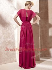 Scoop Fuchsia Cap Sleeves Floor Length Beading Zipper Prom Gown