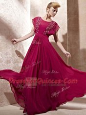 Scoop Fuchsia Cap Sleeves Floor Length Beading Zipper Prom Gown