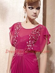 Scoop Fuchsia Cap Sleeves Floor Length Beading Zipper Prom Gown