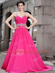 Luxury A-line Sleeveless Hot Pink Prom Evening Gown Brush Train Zipper