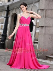 Luxury A-line Sleeveless Hot Pink Prom Evening Gown Brush Train Zipper