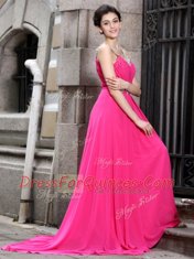 Luxury A-line Sleeveless Hot Pink Prom Evening Gown Brush Train Zipper