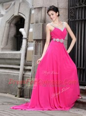 Luxury A-line Sleeveless Hot Pink Prom Evening Gown Brush Train Zipper