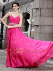 Luxury A-line Sleeveless Hot Pink Prom Evening Gown Brush Train Zipper