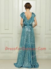 Sequined V-neck Sleeveless Zipper Sequins and Bowknot Evening Dress in Teal