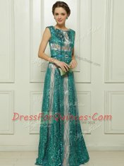 Teal Tulle Zipper Scoop Sleeveless Floor Length Beading and Sequins