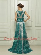 Teal Tulle Zipper Scoop Sleeveless Floor Length Beading and Sequins