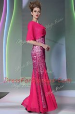 Mermaid Scoop Sleeveless Tulle Floor Length Zipper in Hot Pink with Beading