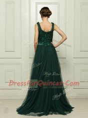 Dark Green Sleeveless With Train Beading Zipper Dress for Prom