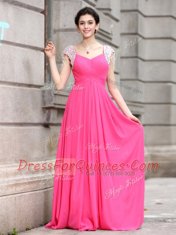 Cute Hot Pink Cap Sleeves Floor Length Beading Zipper Prom Gown