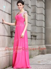 Cute Hot Pink Cap Sleeves Floor Length Beading Zipper Prom Gown