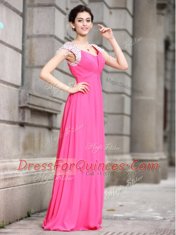 Cute Hot Pink Cap Sleeves Floor Length Beading Zipper Prom Gown