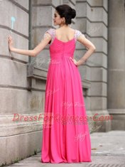 Cute Hot Pink Cap Sleeves Floor Length Beading Zipper Prom Gown