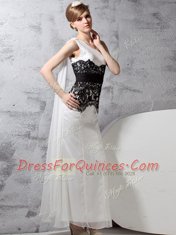 High Quality One Shoulder Lace Evening Dress White And Black Side Zipper Sleeveless Floor Length