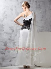 High Quality One Shoulder Lace Evening Dress White And Black Side Zipper Sleeveless Floor Length