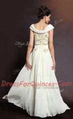 Simple White Chiffon Side Zipper Bateau Cap Sleeves Floor Length Dress for Prom Beading