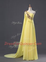 Chiffon One Shoulder Sleeveless Sweep Train Zipper Appliques and Ruching Prom Dresses in Light Yellow