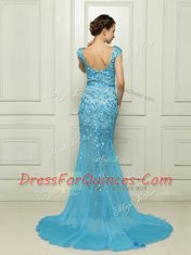 Hot Sale Mermaid Sleeveless With Train Beading and Appliques Zipper Prom Gown with Baby Blue Brush Train