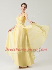 Fine One Shoulder Light Yellow Zipper Prom Dresses Beading and Ruching Sleeveless Ankle Length