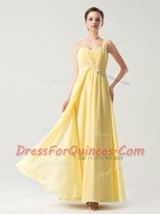 Fine One Shoulder Light Yellow Zipper Prom Dresses Beading and Ruching Sleeveless Ankle Length