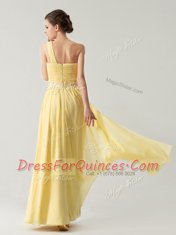Fine One Shoulder Light Yellow Zipper Prom Dresses Beading and Ruching Sleeveless Ankle Length