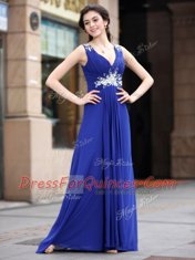 Pretty Blue Zipper Prom Gown Beading and Appliques and Ruching Sleeveless Floor Length
