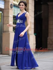 Pretty Blue Zipper Prom Gown Beading and Appliques and Ruching Sleeveless Floor Length