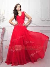 V-neck Sleeveless Zipper Evening Dress Coral Red Chiffon