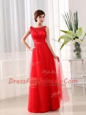 Clearance Scoop Floor Length Coral Red Prom Evening Gown Tulle Sleeveless Beading and Appliques