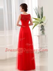Clearance Scoop Floor Length Coral Red Prom Evening Gown Tulle Sleeveless Beading and Appliques