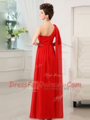 One Shoulder Red Sleeveless Beading and Sashes ribbons and Ruching Floor Length