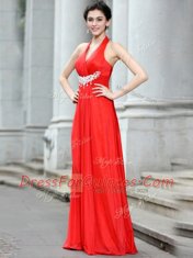 V-neck Sleeveless Chiffon Dress for Prom Beading Zipper