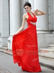 V-neck Sleeveless Chiffon Dress for Prom Beading Zipper
